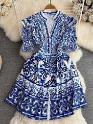 Summer Runway Red Blue And White Porcelain Dress Womens V Neck Flare Sleeve Ruffles Buttons Flower P