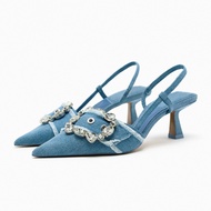 Zara2023 Autumn New Style Women's Shoes Sea Blue Belt Buckle Denim Rhinestone Slingback High Heel Pointed Sandals