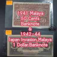 MB0163 MB0164 Malaya 1941 King George VI 50 Cents & Japan Invasion Malaya 1942-44 1 Dollar Banknote