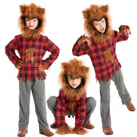 Halloween Little Red Riding Big Grey Wolf Cosplay Clothes Kids Girls Boys Werewolf Animal Costume Hu