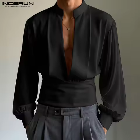 Vintage INCERUN Men Shirts Fashion Solid Color Tops V Neck Men's Clothing Party Tops Streetwear Over