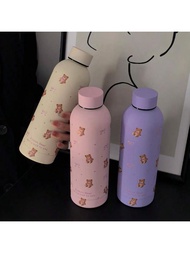 1pc Stainless Steel Vacuum Insulated Tumbler, Bowknot & Heart Teddy Bear Pattern, Double Wall Travel