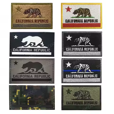 California Republic Flag Reflective Patches Embroidered Patch Decorative Blue Line Glow In Dark Chev