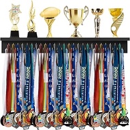 Threehoney Wooden Medal Holder Display Trophy Hanger Shelf with 25/37/49/65 Hooks for Wall Mount Rib