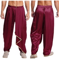 FEESHOW Burgundy Men Pleated Drapes Dhoti Pants Casual Elastic Back Waist Satin Baggy Trousers for H