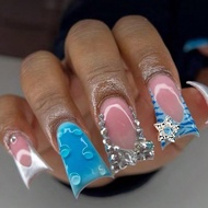 Add A Touch Of Romance With 24pcs Duck Nails Press On Nails Y2K 3D Metal Star Shiny Water Diamond Ge