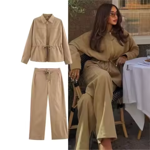 Elegant Lapel Zipper Jackets+Drawstring Pants 2-piece Set Women's Autumn Causal Fashion Street Solid
