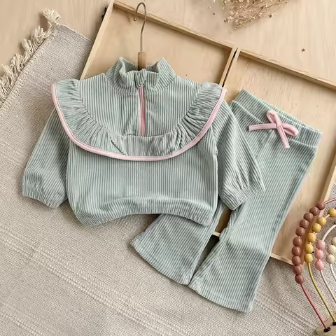 Baby Girl Mint Green Ribbed Lounge Set Half Zip High Neck Ruffle Top Flare Pants with Bow Soft Casua