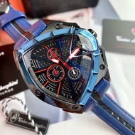 Lamborghini手錶 大直徑藍色皮帶錶 休閒運動手錶 防水石英錶 多功能計時手錶