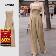 Lovito Casual Jumpsuit Double Layer Spring/summer Khaki Jumpsuit for Women L157ED539
