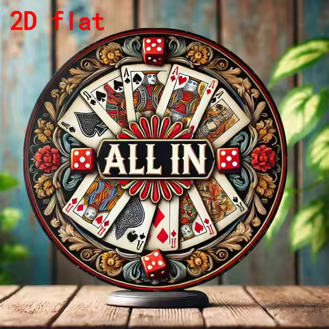 [2D Flat] 8" Round Aluminum Sign with "All In" Garland Design - Vibrant Poker & Dice Theme, Perfect 