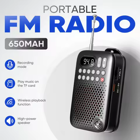 Multifunction Mini Radio with Clip, Wireless Streaming, FM Tuner, Voice Recorder, SD Card Slot & LED