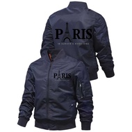 MenS Navy Blue MA1 Jacket Zip-Up Flight Coat with Paris Graphic Stand Collar Zipper Closure Non-Stre