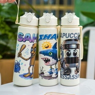 1pc 750ml/25oz Cartoon Shan Hai Jing Theme Water Bottle With Plastic Straw, Portable And Easy To Cle