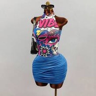 YK2 "Sexy Girl" Print Style Backless Pleated Short A-Line Dress Is Suitable For Halloween Nightclubs
