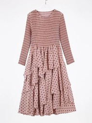 Womens Polka Dot Fashionable Pleated Temperament Long Sleeved Dress