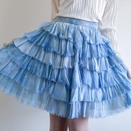 小號 - DOLCE & GABBANA 絲質半身裙 藍色荷葉邊迷你裙 分層蘿莉