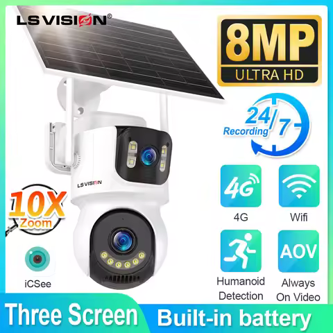 LS VISION AOV 4G Solar Camera 24/7 Recording Battery WIFI Wireless Three Screen 10X Zoom Camera Outd
