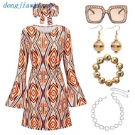 Women 70s Floral Disco Dress Costume Hippie Clothes Accessories Halloween Dance Costumes For Women D