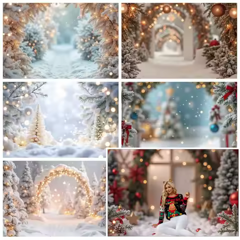 MOON.QG Snow Christmas White Lights Bokeh Backdrop for Photography Arch Wreath Tree Photo Studio Bac
