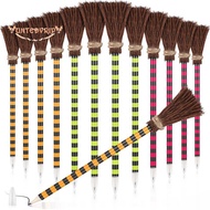 12 Piece Halloween Witch Broom Pencil Colorful Witch Broom Pens Wood Witch Broom Pencil