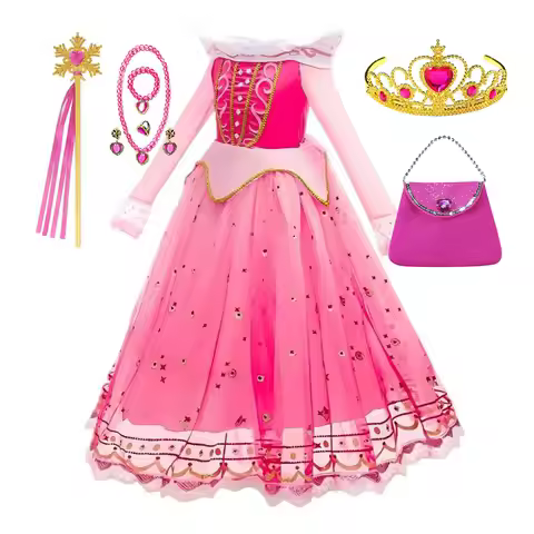 Kids Elegant Pink Princess Dress Aurora Cosplay Costume Long Sleeve Sequined Star Tulle Skirt Girls 