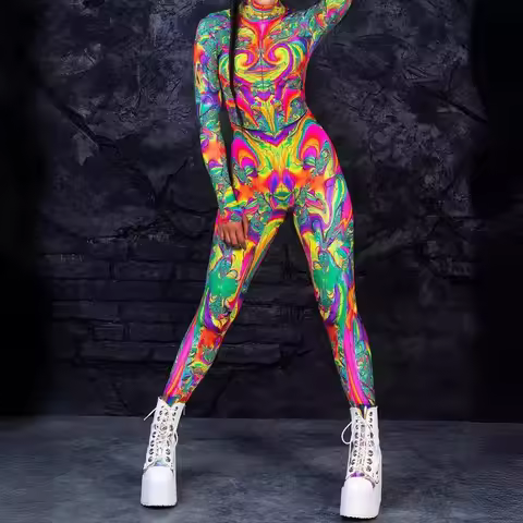 Art 3d Printing Women's Holiday Party Cyberpunk Rainbow Bodysuit Halloween Cosplay Costume Stretch B
