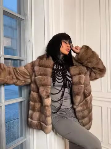 Fashion Patchwork Faux Fur Coat Women Casual Full Sleeve Lapel Loose Long Staple Plush Jacket 2025 N