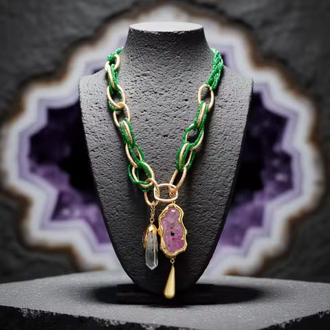 Green Crystal Loop Chain Necklace Fuchsia Agate Slice White Quartz Biwa Pearl Point Pendant 24"