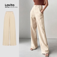 (Trendy) (Lovito Refine) Pants Boho Plain Linen Pocket Zipper Pant for Women L105MD643
