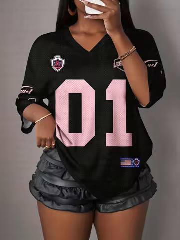 Women's Letter NO.01 Print V-Neck Short Sleeve T-Shirt Summer Graphic Tee Sport Jerseys Plus Size Sp
