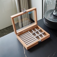 Small Pearwood Grain Wood Jewelry Organizer Box Display Stand, 9 Grids & 8 Slots for Rings, Earrings