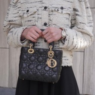 【日本直送 名牌中古包】Christian Dior Cannage 手提包 黑色 Logo 吊飾 皮革 Lady Dior 885e65