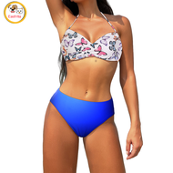2 Piece Women Bikini Set Summer Contrast Color Swimsuit Twist Front Halter Bra Thong Bathing Suits F
