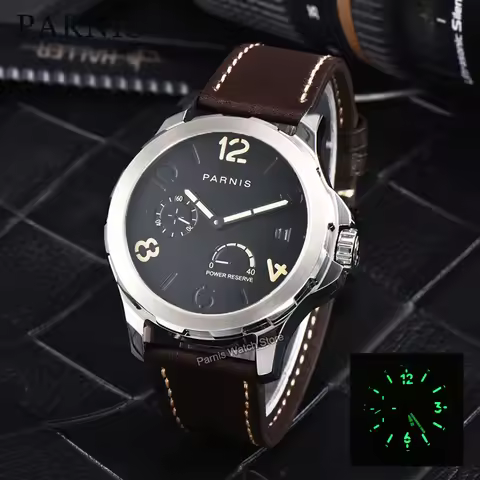 Parnis 44mm Silver Case Automatic Mechanical Men Watch Power Reserve Indicator Luminous Marker Sapph