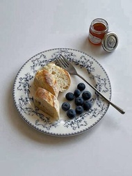 一款圓形花卉陶瓷盤,法國復古花卉鮮藍色甜點盤,中世紀西方風格盤,意大利麵盤,早餐盤,水果盤,適用於餐廳、客廳和家居生活