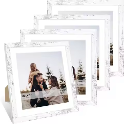 12x12 Picture Frame Set of 4, Wood Frames with Mat for 10x10 Photos, Real Glass Cover for Wall and T