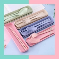 SPOON SET FORK CHOPSTICKS STRAW SPOON + BOX - 3 IN 1 SPOON SET CUTLERY - STRAW CUTLERY SET - STRAW S