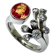 12.5號 錳鋁榴石戒指，1.25克拉石榴石，鑽石總重0.376克拉，18K白K金， 8.6克，女士款 [二手]