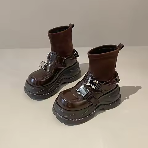 9CM High Women's Sock Boots Ashion Designer Belt Buckle Leather Ankle Boots for Women High Top Platf
