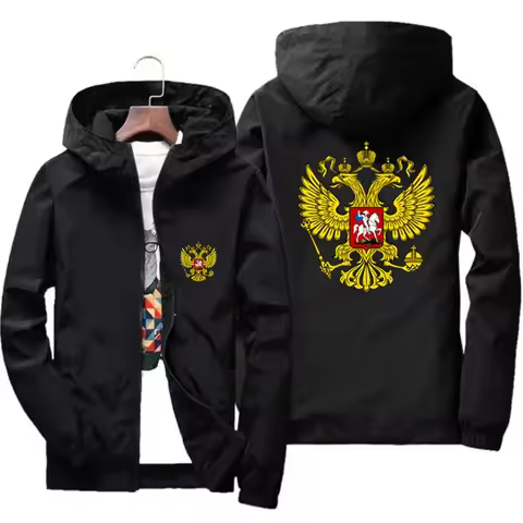 Men's Coat Of Arms Of Russia Eagle Motorcycle Casual Thin Windbreaker Windproof Bomber Coat Zipper H