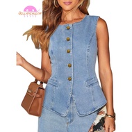 Women's Casual Denim 2-Piece Set with Sleeveless Vest Top and Wide-Leg Pants