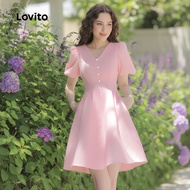 (trendy4)Lovito Elegant Dress Zipper Button Front Button Good Texture Spring/summer Pink Dress for W