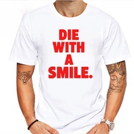 Men's Die With A Smile Graphic T-Shirt - White Crewneck Short Sleeve Tee With Bold Red Text And Tatt