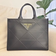 PRADA Symbole 中 三角壓花牛皮手提托特包(黑色)