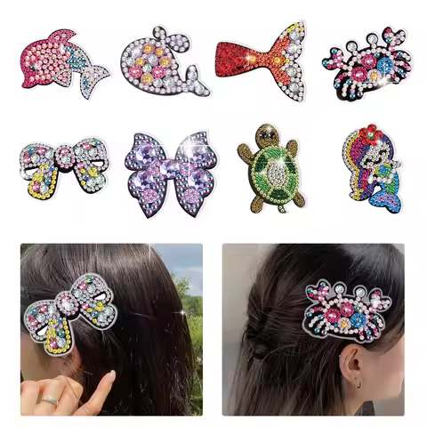8Pcs Diamond Art Painting Hair Clips Kits,Beach Bow Elements Sparkly Glitter Crystal Diamond Hair Cl
