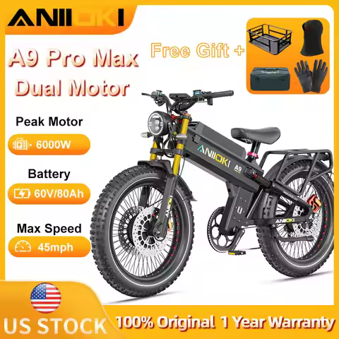 ANIIOKI Electric Bike 6000W Dual Motor 60V 80Ah Long Battery Life 45MPH Fat Tires 26"*4.8" Suspensio