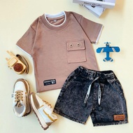 STRLIBYKIDS X DINODAY Boys' clothing set, plain pocket t-shirt, short jeans, 1-9 years old