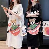 【40-100KG】 Women Oversize Cartoon Bear Mixi Dress Summer Plus Size Loose Short-sleeved Long T-shirt Dress C9729