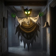 Halloween Hanging Alien Decoration Green Face Sound-Activated Hanging Prop Hooded Ghost Figure Glowi